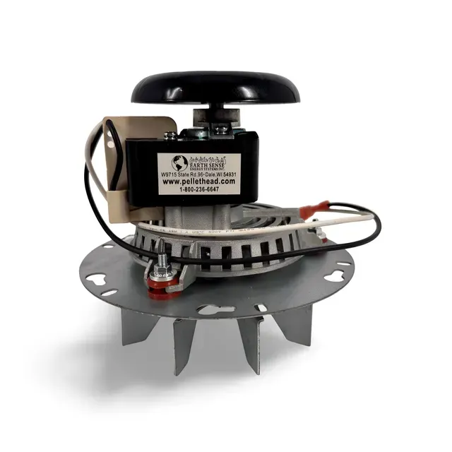 Black fan motor with metal blades and wiring on a gray mounting base, isolated on white background