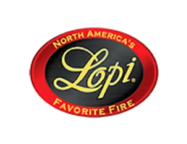 Lopi logo in a red oval with gold lettering and the words “North America’s Favorite Fire”