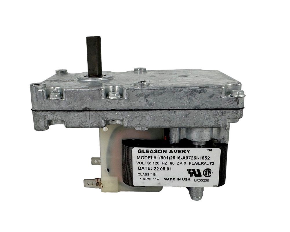 Gray electric motor with black shaft, shown in close-up on a white background