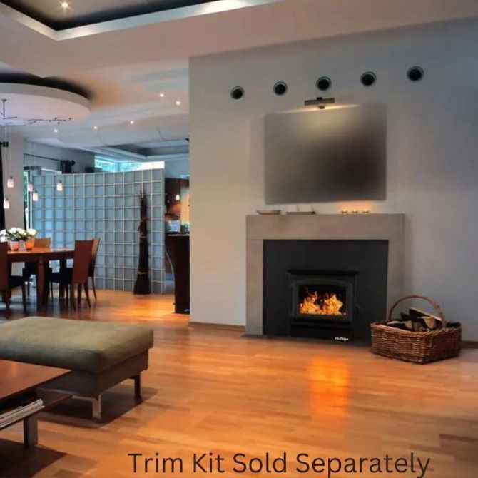 Modern living room with fireplace, wall-mounted TV, and dining area with wood floors