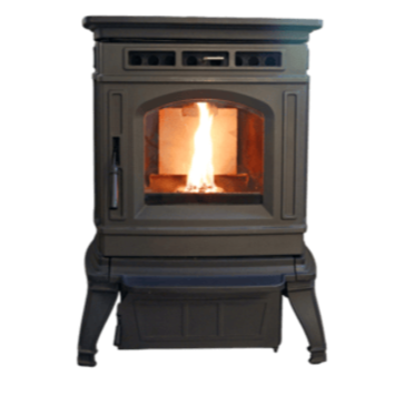 Black wood stove glowing in a cozy room, with a potted plant, statue, and decorative shelf nearby