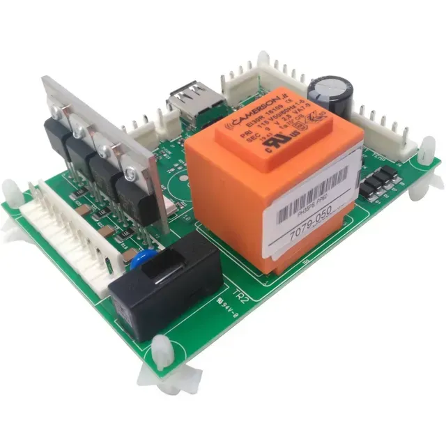 Electronics circuit board with orange relay, capacitors, and connectors on a white background