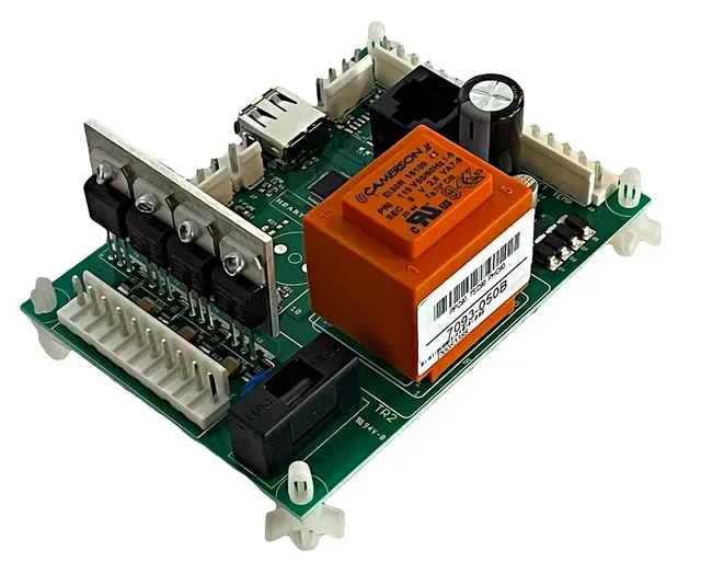 Electronic circuit board with an orange relay, connectors, and capacitors on a white background