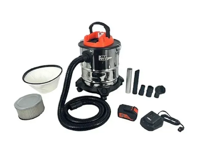 Wet/dry shop vacuum with hose, attachments, filter, and battery charger on white background
