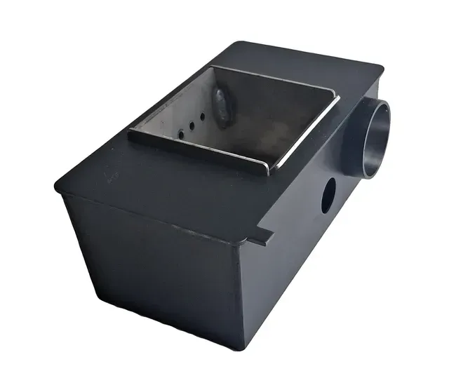 Black metal HVAC duct box with a square top opening and round side vent.