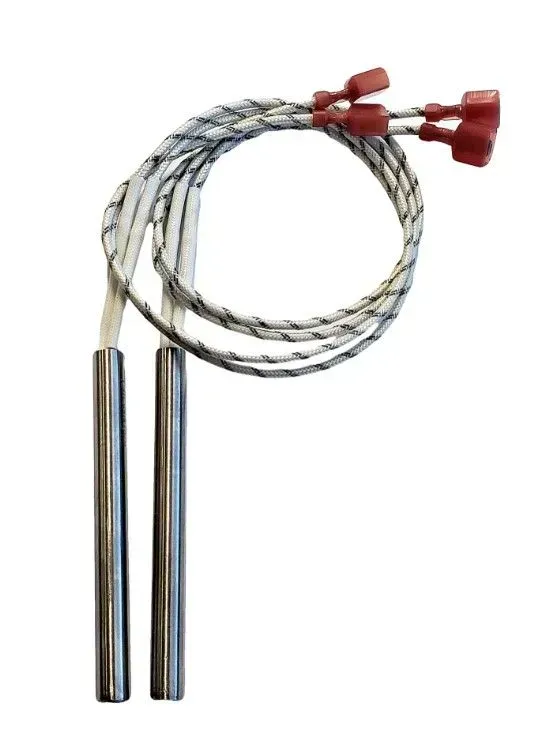 Coiled metal immersion heater with two cylindrical probes and red electrical connectors