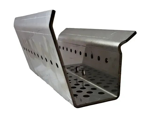 Metal cable tray with perforated sides and base, shown in side view on a white background