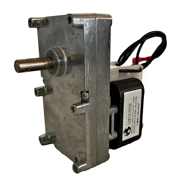 Metal pump or motor assembly with a brass shaft and black wires on a white background