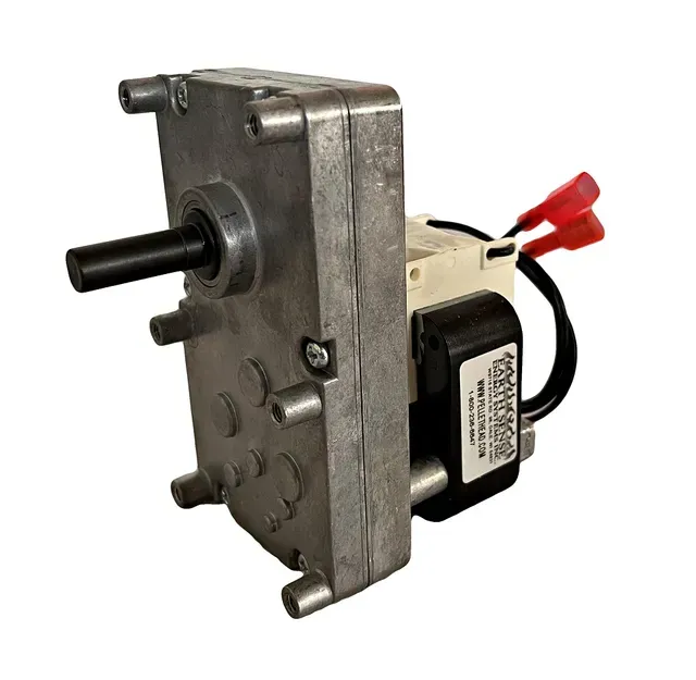 Small electric motor with black shaft, silver gearbox, and red wire connectors on white background
