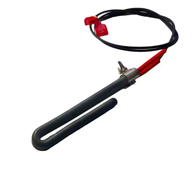 Black U-shaped heating element with red clips and attached cord on a white background