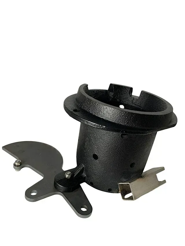 Black plastic lamp socket with metal mounting tabs on a white background