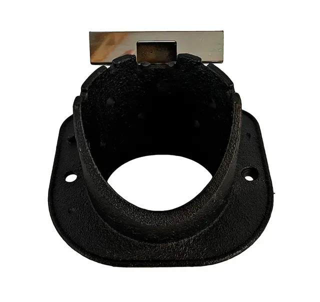 Black metal pipe flange with circular opening and two mounting holes on a white background