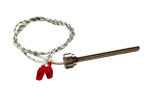 Coiled braided cable with red clips attached to a metal probe sensor