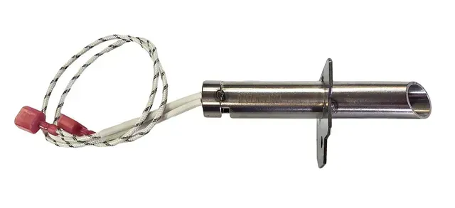 Braided cable sensor probe with stainless steel cylindrical body and red connector plug