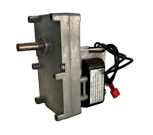 Small electric motor with metal housing, protruding shaft, and attached black and red wires on white background