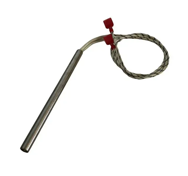 Coiled metal chain with a red locking tab and a long silver tube handle