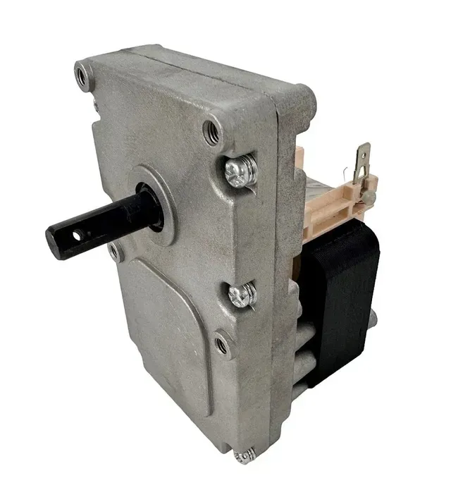 Gray electric motor with a black shaft on a white background