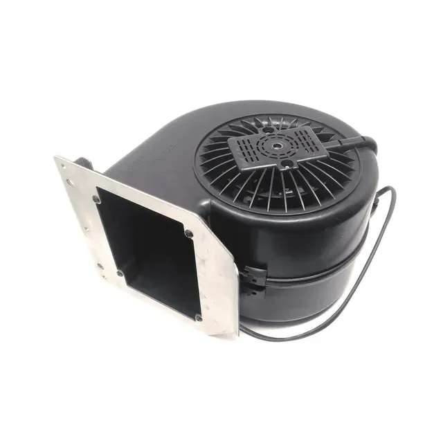 Black centrifugal blower fan with metal mounting flange and wire handle on white background