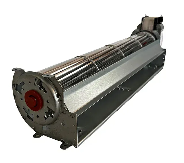 Industrial metal rotor assembly with polished cylindrical blades and a red end cap on a white background