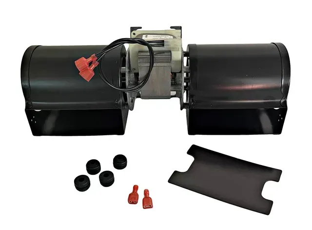 Black dual electric blower assembly with wiring and rubber mounts on a white background