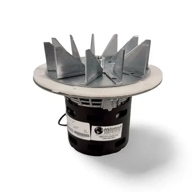 Gray industrial fan motor with metal blades mounted on a round base against a white background