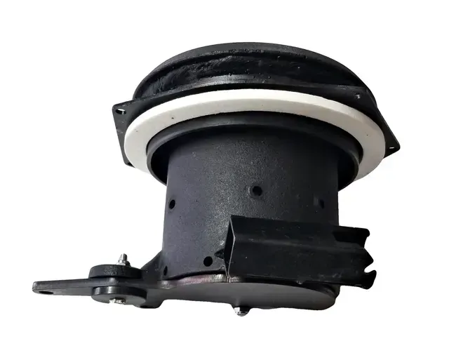 Black and white plastic mechanical part with a circular rim and side latch