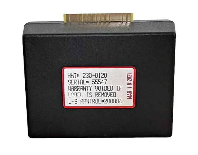 Black electronic module with a red-and-white label and gold connector on top, viewed from the front.