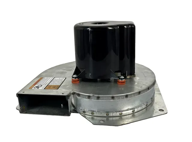 Industrial blower motor with black top housing and silver metal base on a white background