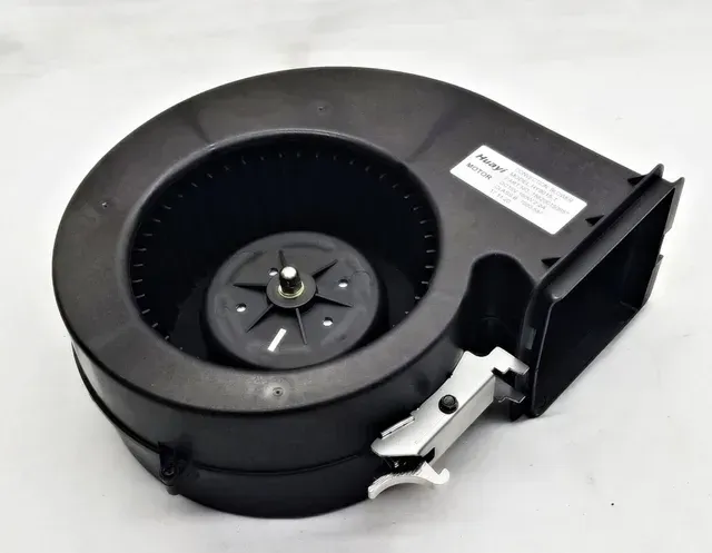 Black centrifugal blower fan with metal mounting bracket on a white background