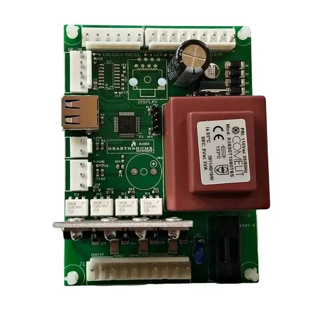 Green electronic control board with white connectors, a red transformer, and a USB port