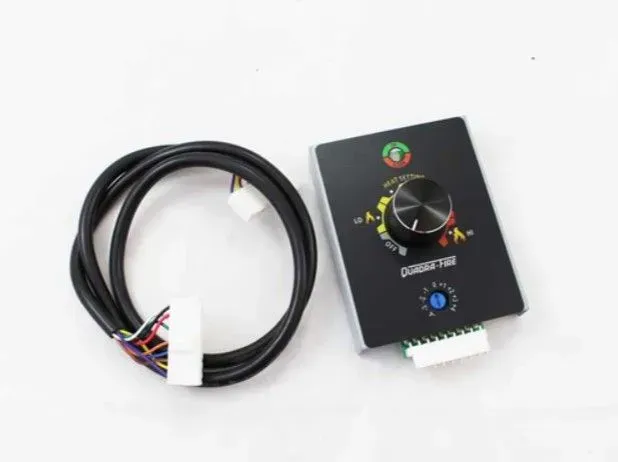 Black electronic module with a knob and colored cable on a white background