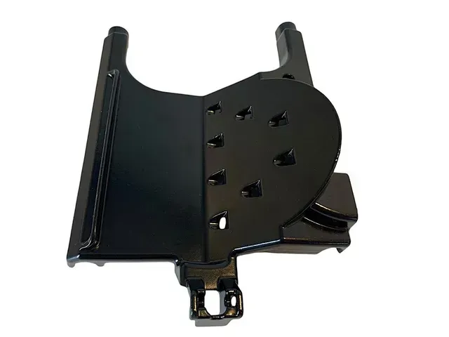 Black plastic mounting bracket with curved side panels and multiple holes on a white background