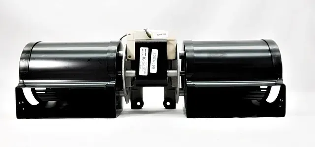 Black dual-cylinder industrial device with a central mounting bracket on a white background