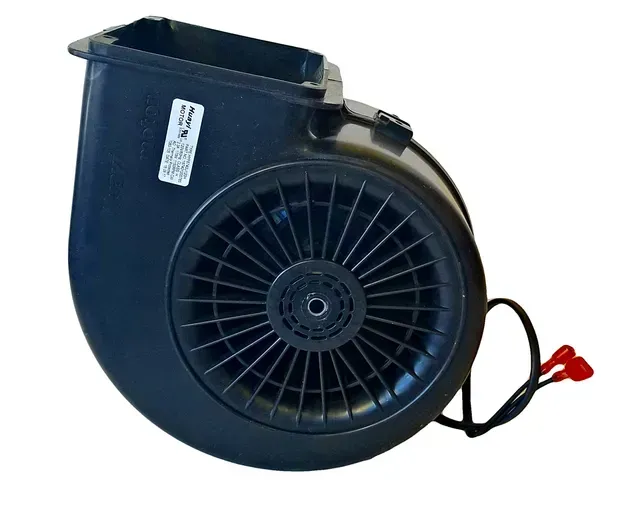 Black centrifugal blower fan with power cord and red connector on white background