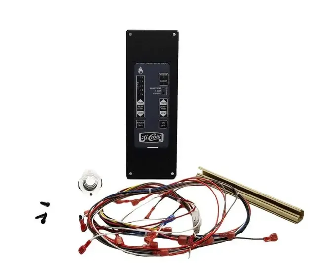 Black control panel with wiring harness, metal cylinder, and small hardware parts on a white background
