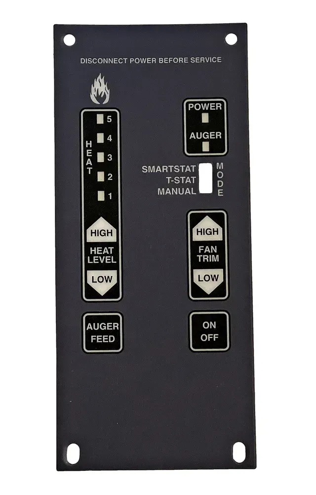 Black control panel with labeled buttons, sliders, and indicator lights for fuel/heat settings.