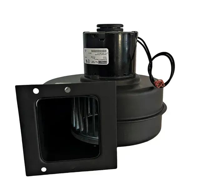 Black ventilation blower fan with square mounting flange and attached motor on a white background