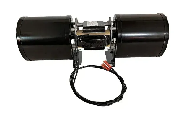 Black cylindrical device with central bracket and attached cable on a white background