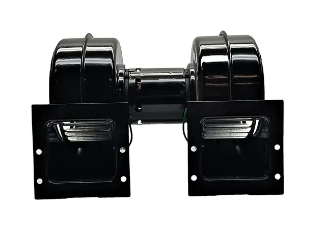 Black dual-vent blower fan assembly with two square mounting plates on a white background
