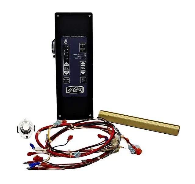 Black control unit with red and blue cables and a gold bar on a white background