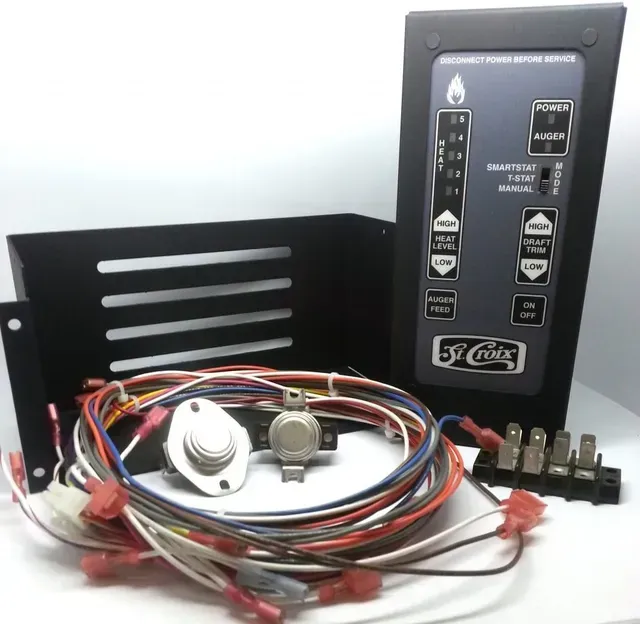 Electronic control panel, black mount, wiring harness, and connectors on a white background