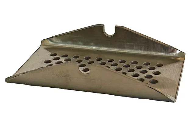Stainless steel wall-mounted ashtray with perforated front and cigarette notch