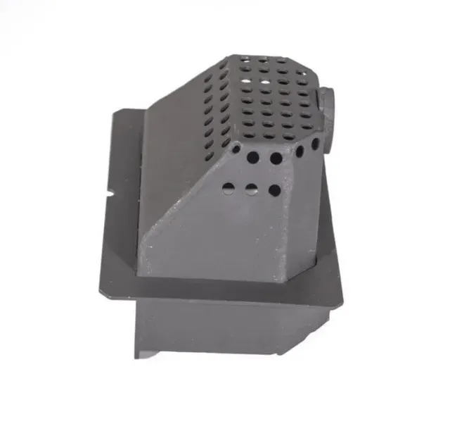 Gray metal vent cover with perforated top and base on a white background