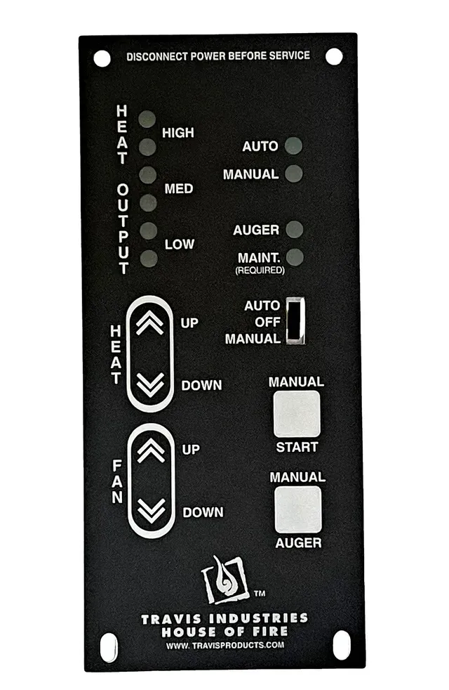 Black control panel labeled Heat, Output, and Fan with switches and arrows, Travis Industries logo at bottom