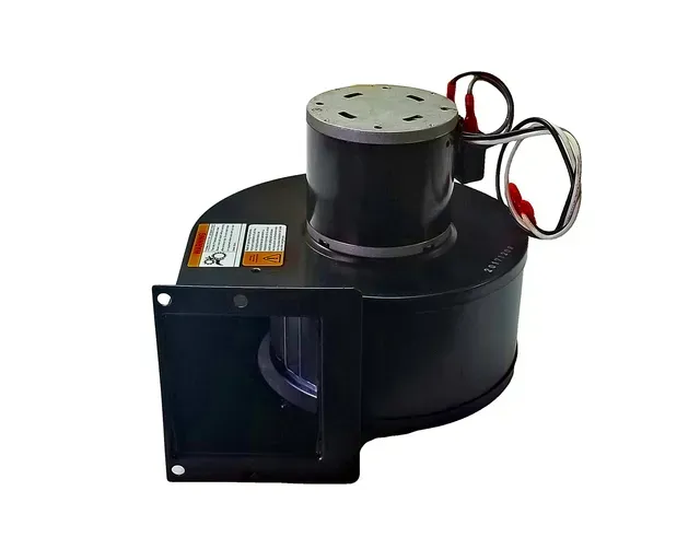Black electric blower fan with wiring and square outlet housing on a white background