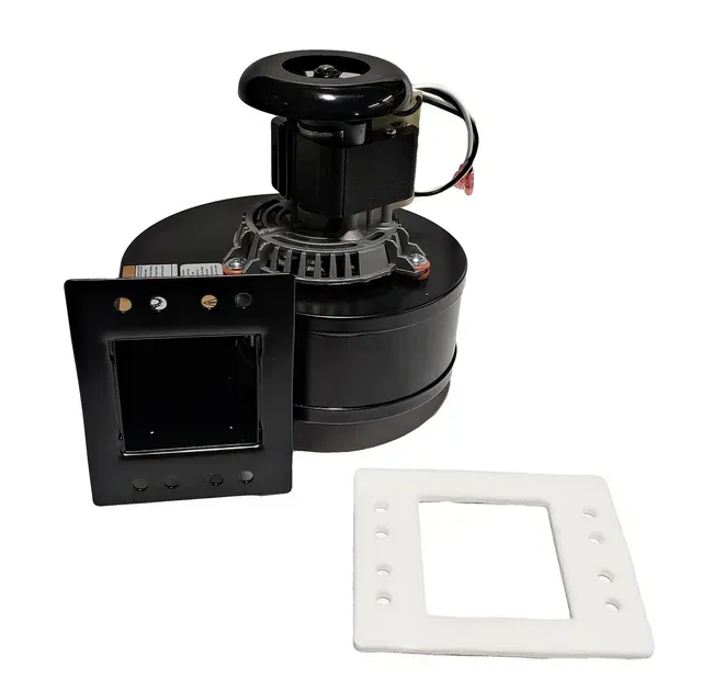 Black HVAC blower motor with control panel and white mounting gasket on a plain background