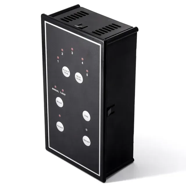 Black rectangular electronic control panel with white buttons and small indicator lights on a white background