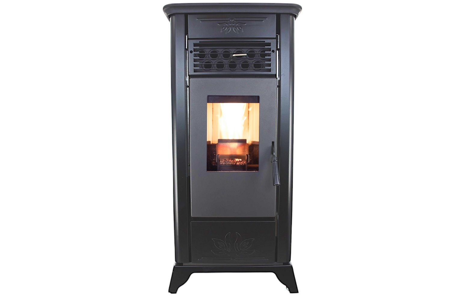 Black wood stove glowing in a cozy room, with a potted plant, statue, and decorative shelf nearby