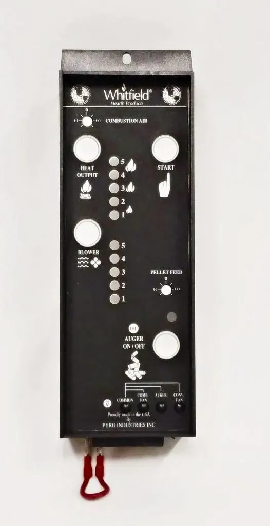 Black control panel with white labels, buttons, and a red pull handle at the bottom.