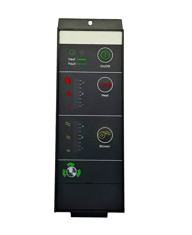 Black industrial control panel with indicator lights and labeled buttons, shown front view.